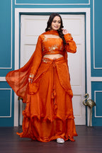 Yash Enterprise Orange Vichitra Silk Party Wear Embroidery Crop Top With Blouse Lehenga Choli | Grocsy