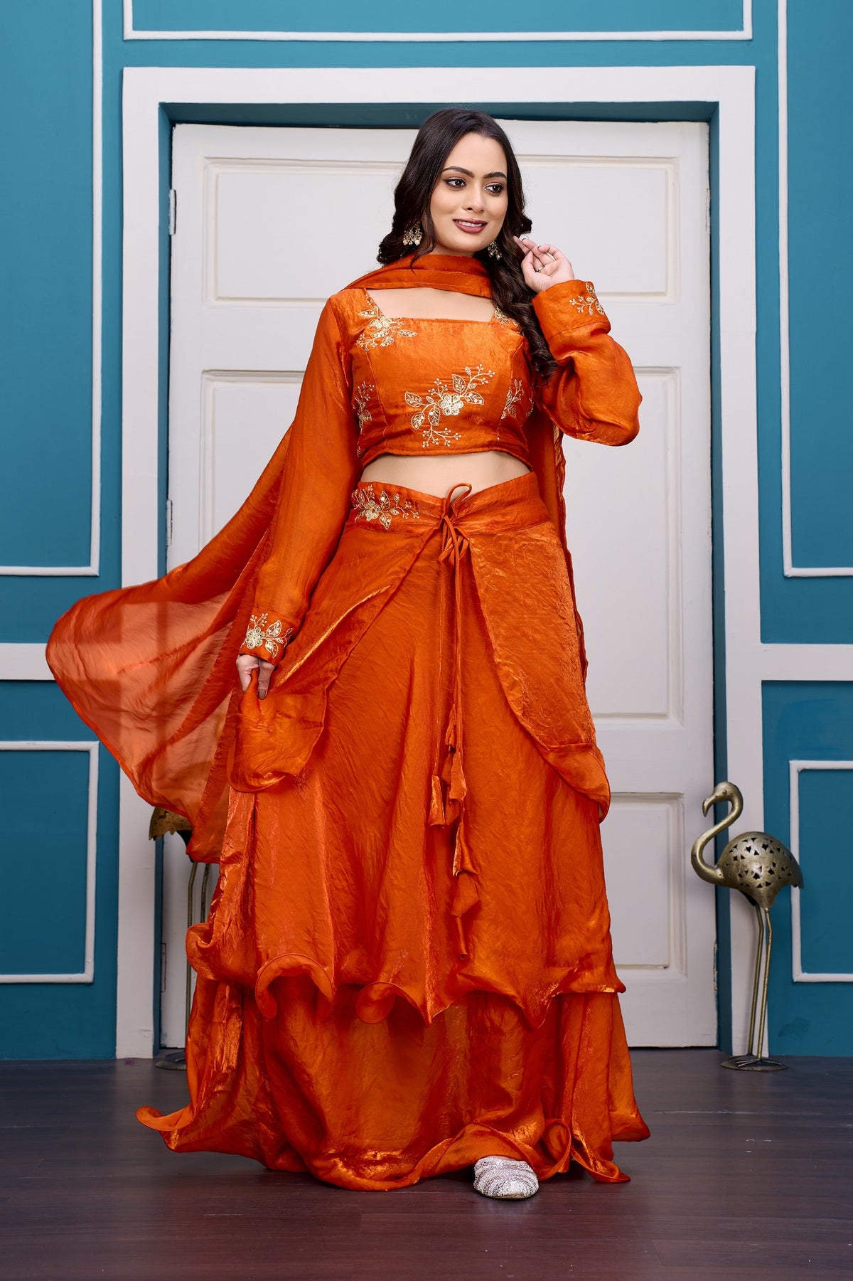 Yash Enterprise Orange Vichitra Silk Party Wear Embroidery Crop Top With Blouse Lehenga Choli | Grocsy