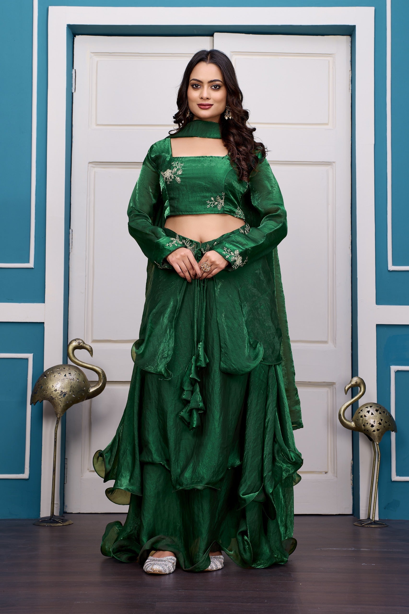 Yash Enterprise Rama Green Vichitra Silk Party Wear Embroidery Crop Top With Blouse Lehenga Choli | Grocsy
