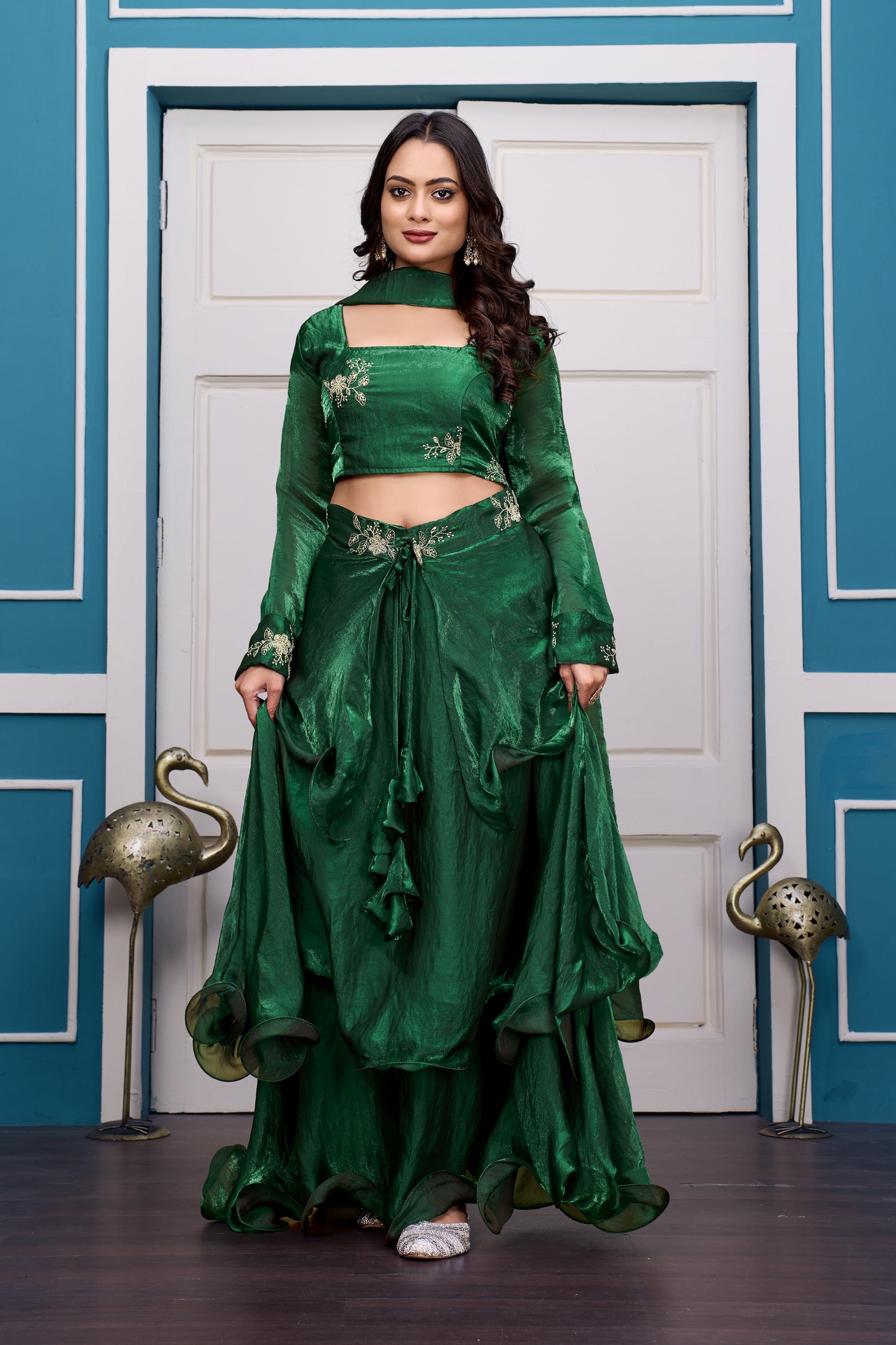 Yash Enterprise Rama Green Vichitra Silk Party Wear Embroidery Crop Top With Blouse Lehenga Choli | Grocsy