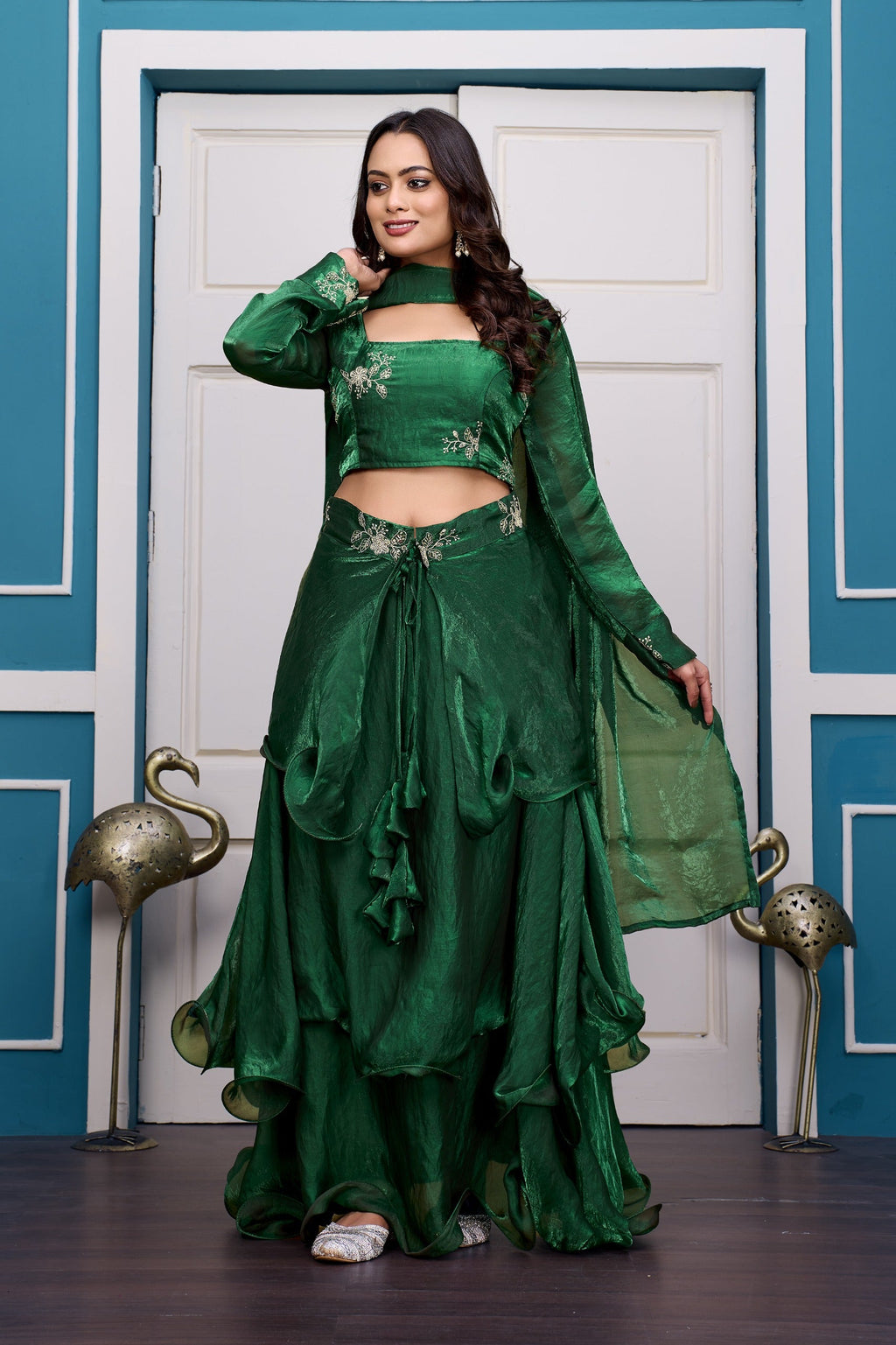 Yash Enterprise Rama Green Vichitra Silk Party Wear Embroidery Crop Top With Blouse Lehenga Choli | Grocsy