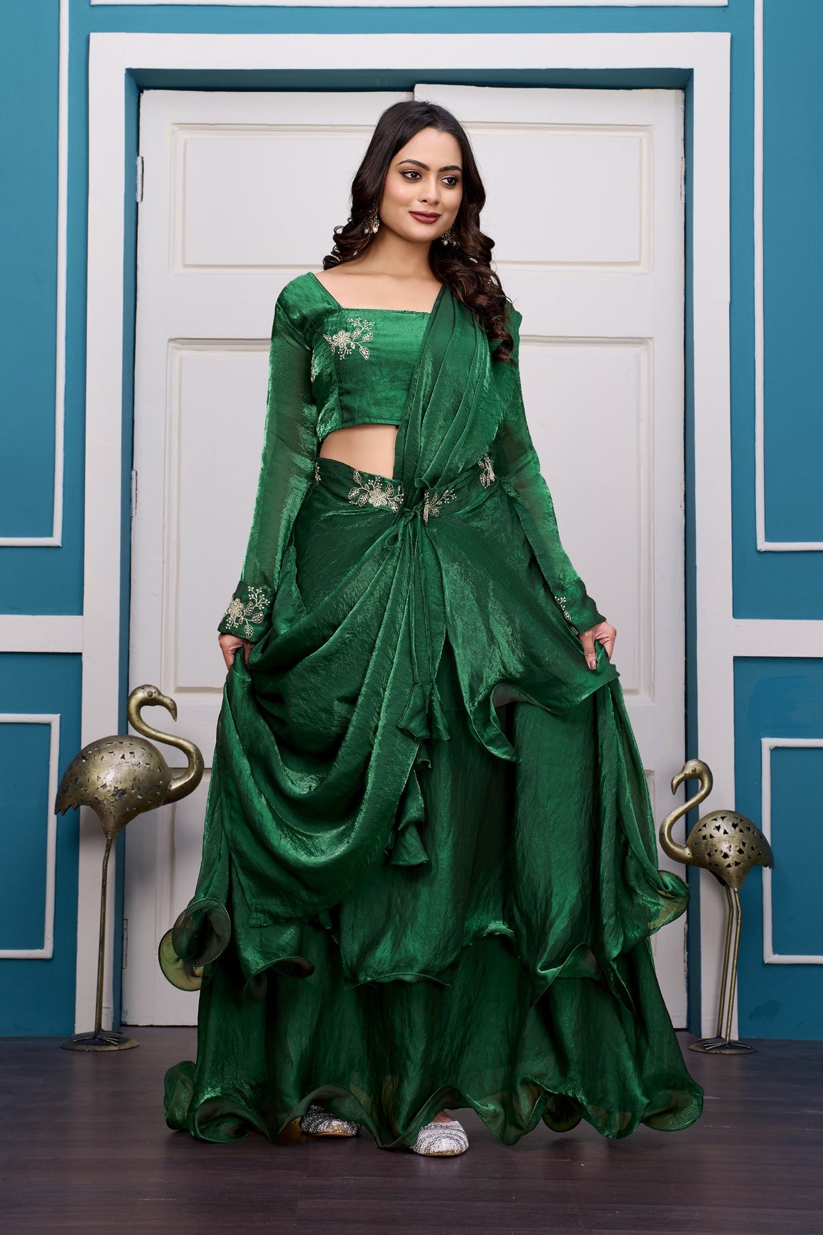 Yash Enterprise Rama Green Vichitra Silk Party Wear Embroidery Crop Top With Blouse Lehenga Choli | Grocsy