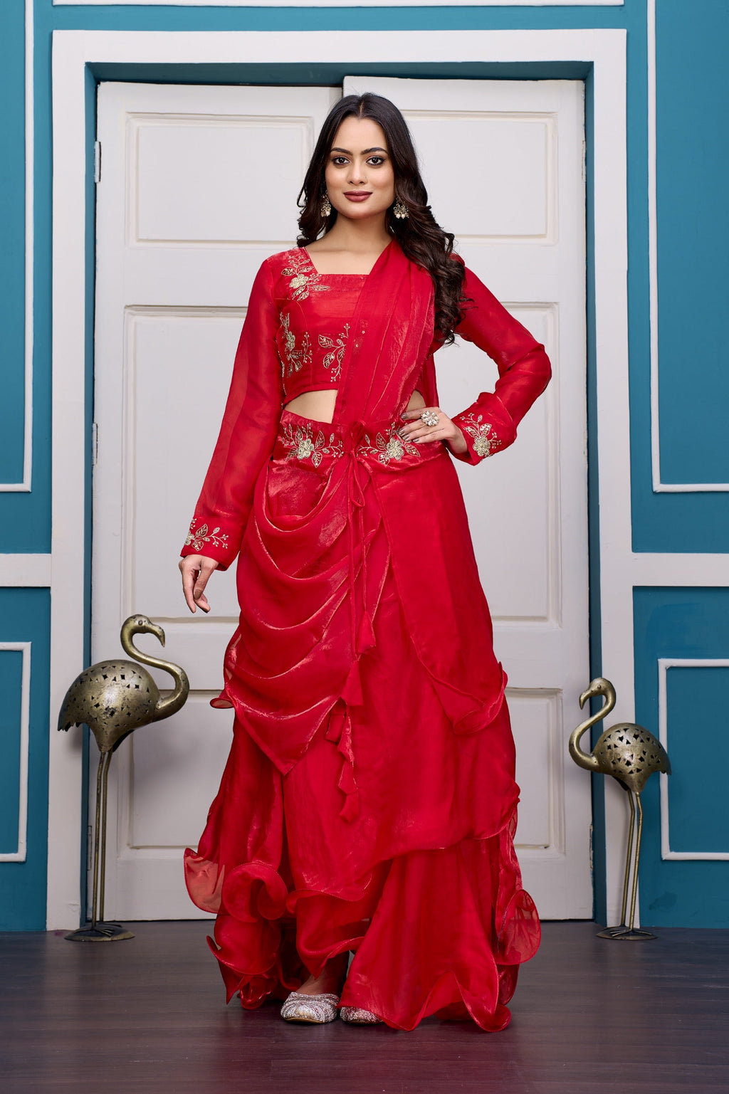 Yash Enterprise Red Vichitra Silk Party Wear Embroidery Crop Top With Blouse Lehenga Choli | Grocsy