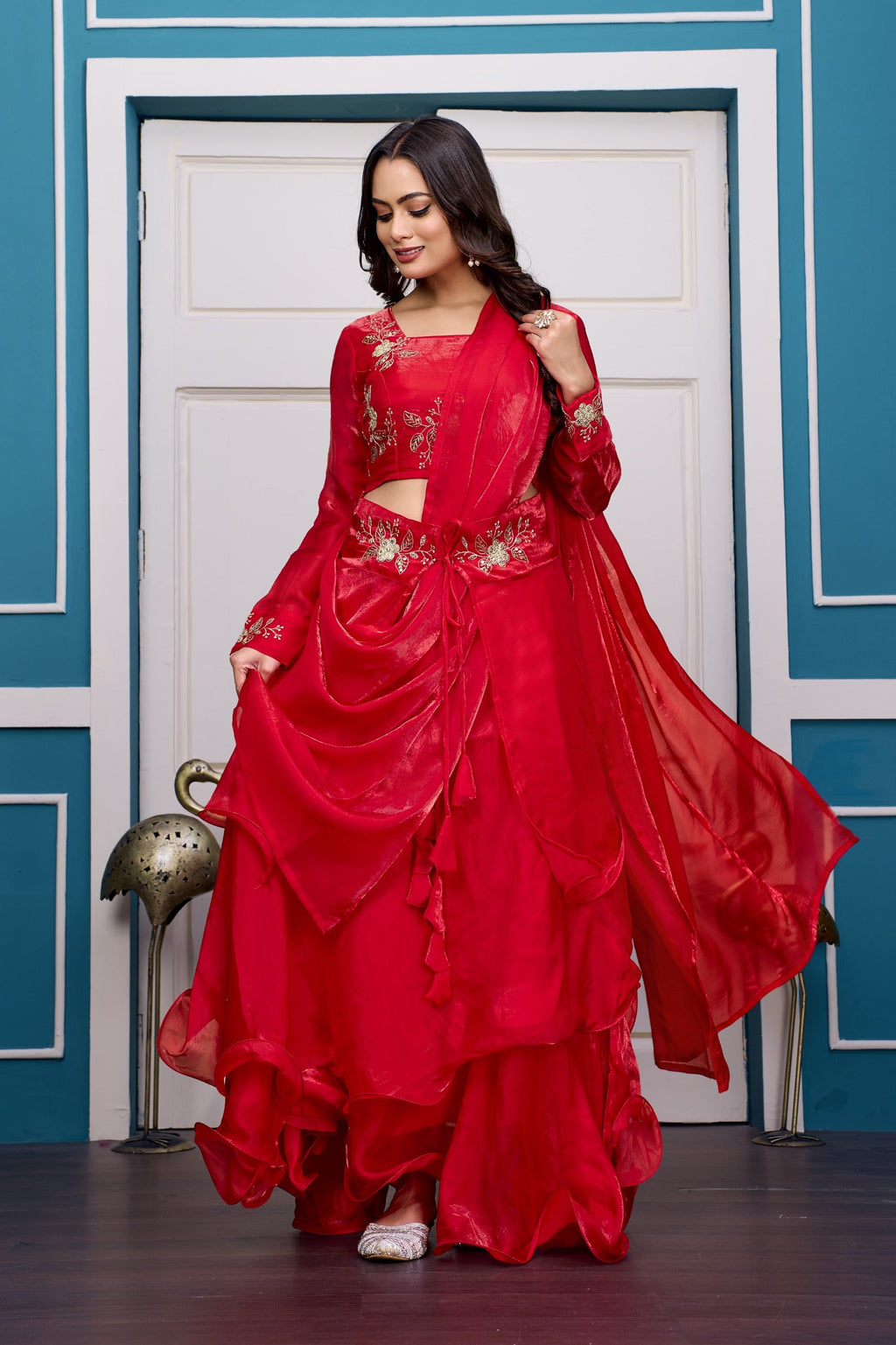Yash Enterprise Red Vichitra Silk Party Wear Embroidery Crop Top With Blouse Lehenga Choli | Grocsy