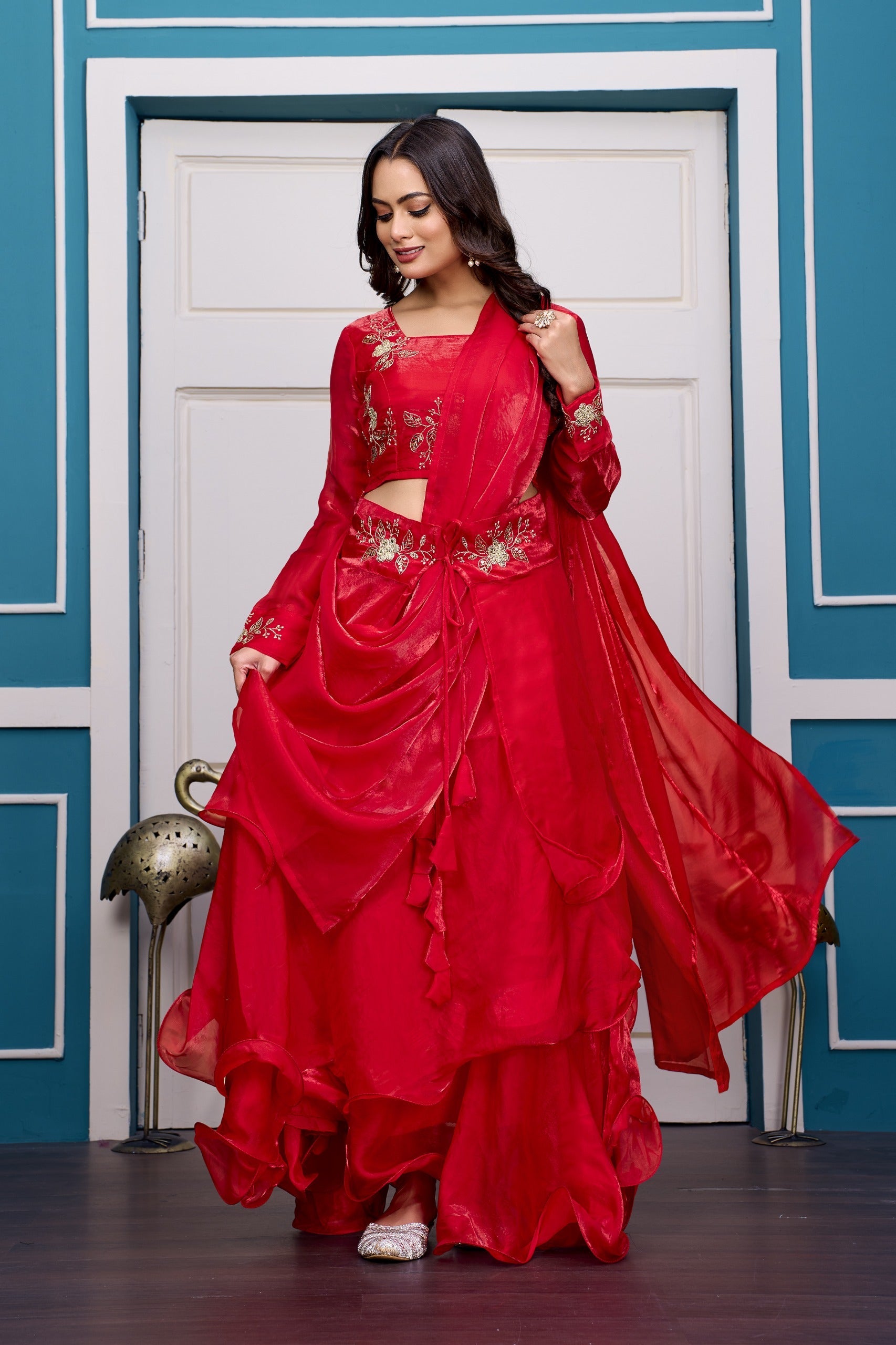Yash Enterprise Red Vichitra Silk Party Wear Embroidery Crop Top With Blouse Lehenga Choli | Grocsy