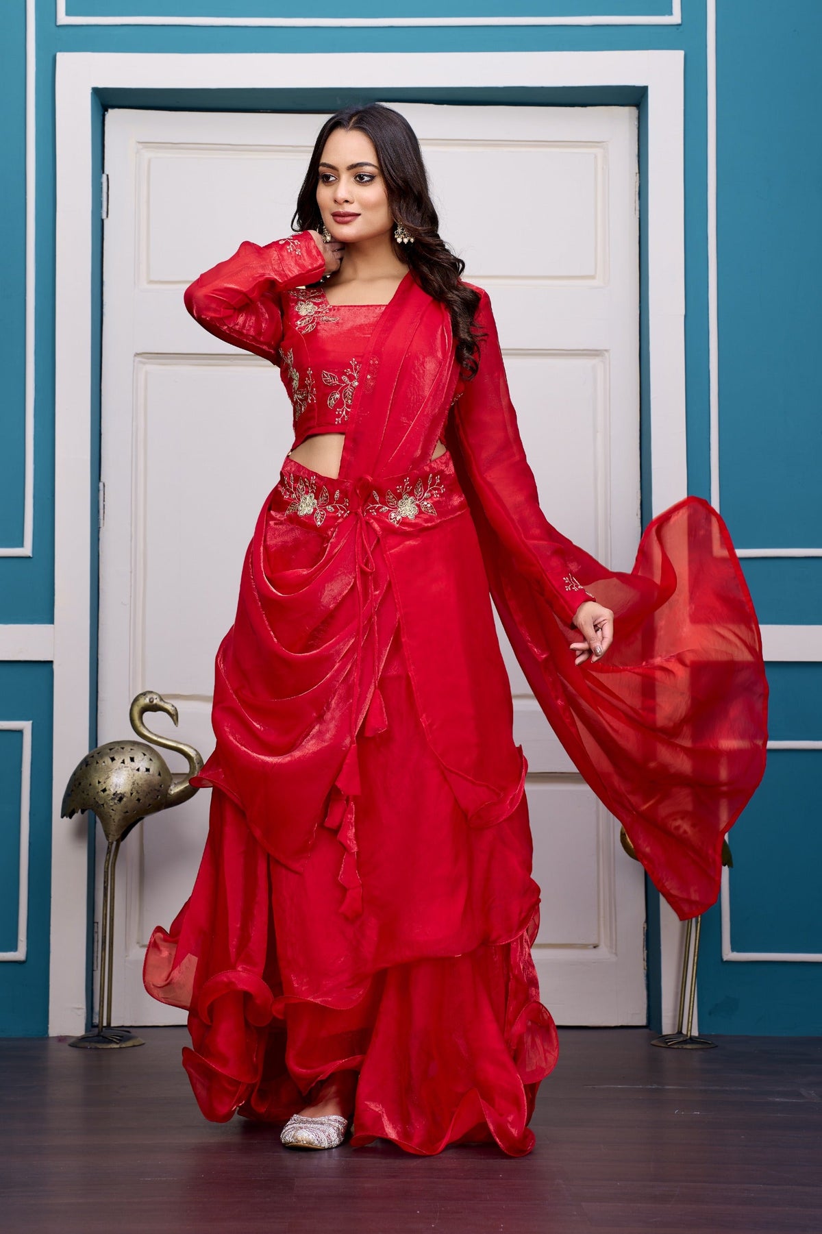 Yash Enterprise Red Vichitra Silk Party Wear Embroidery Crop Top With Blouse Lehenga Choli | Grocsy