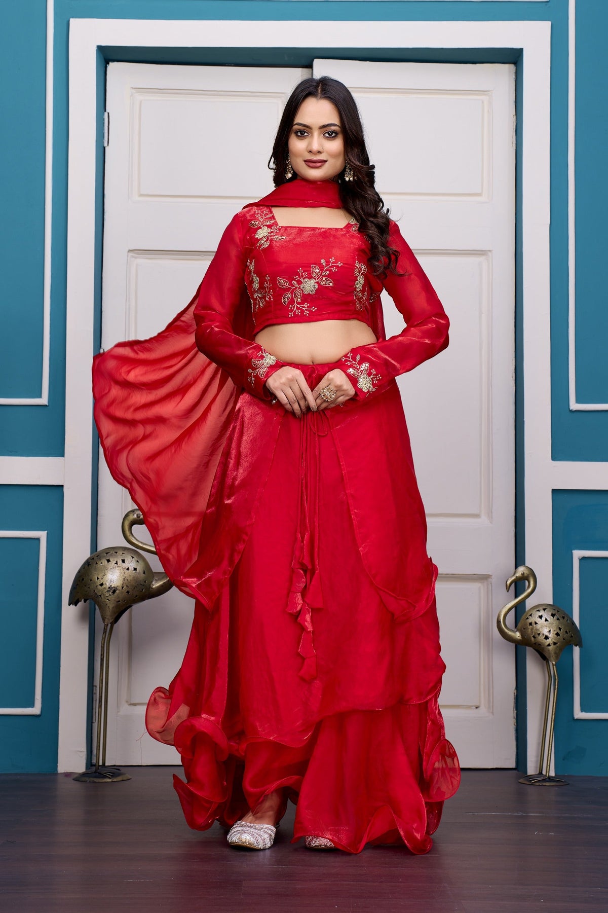 Yash Enterprise Red Vichitra Silk Party Wear Embroidery Crop Top With Blouse Lehenga Choli | Grocsy