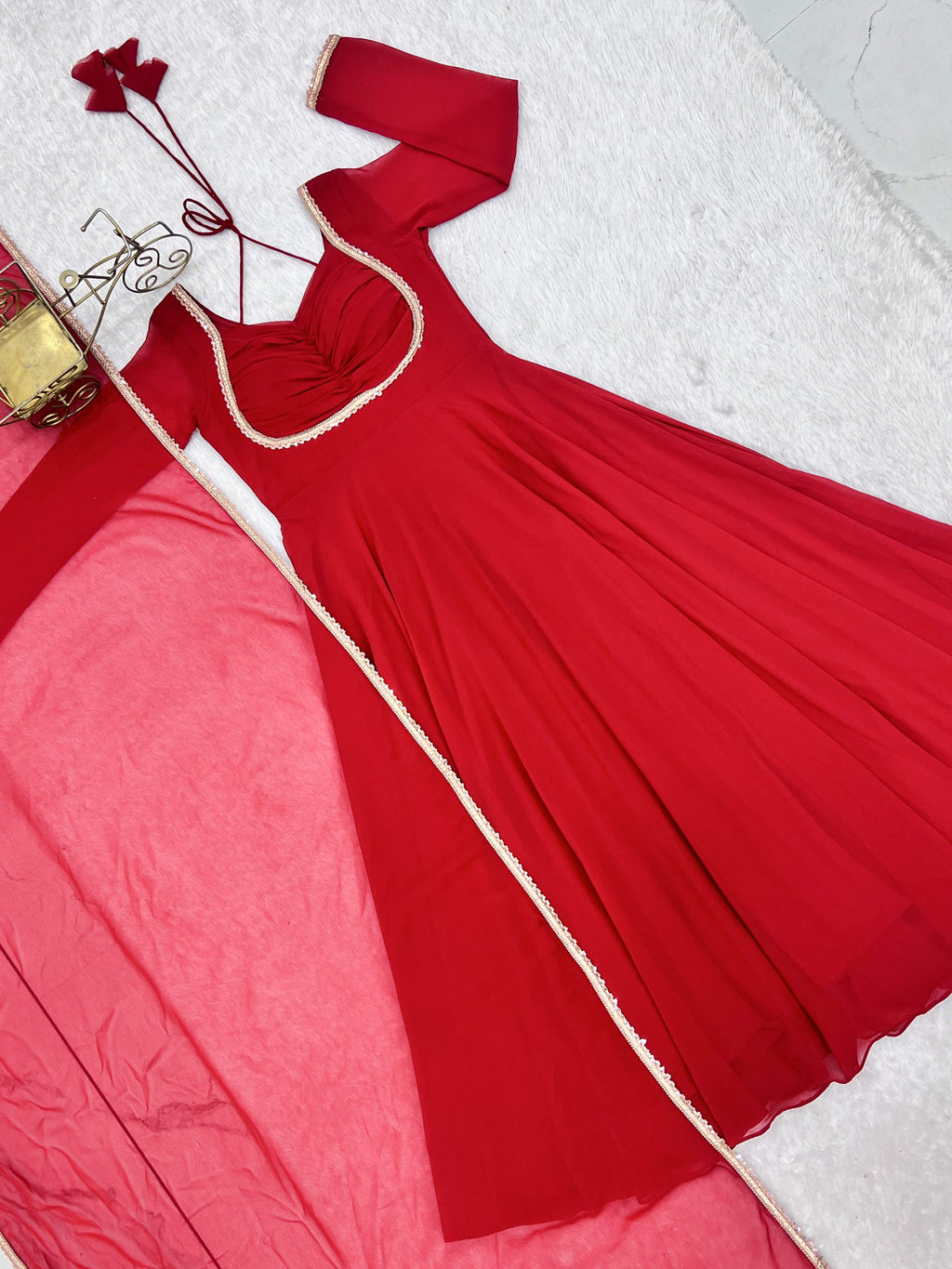 Evanik Red Georgette Plain Fully Flair Gown Dupatta | Grocsy