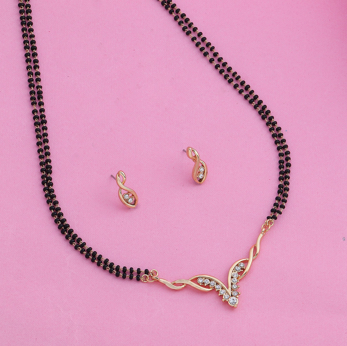 Estele Gold-Polished Traditional Mangalsutra Necklace Set with White Austrian Crystals for Women | Grocsy
