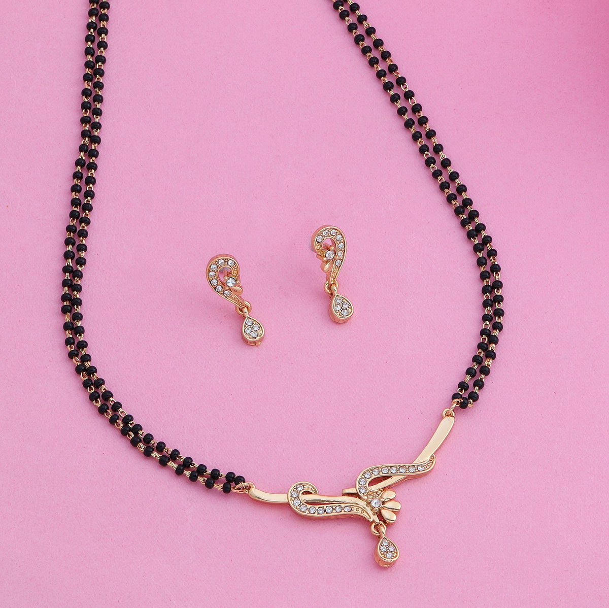 Estele Gold-Polished Twine Braid Mangalsutra Necklace Set with White Austrian Crystals for Women | Grocsy