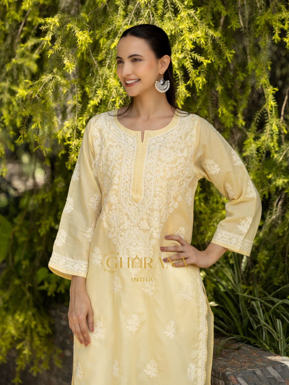 Gharana India Sahiba Chikankari Pastel Yellow Cotton Kurta With Bakhiya Work | Grocsy