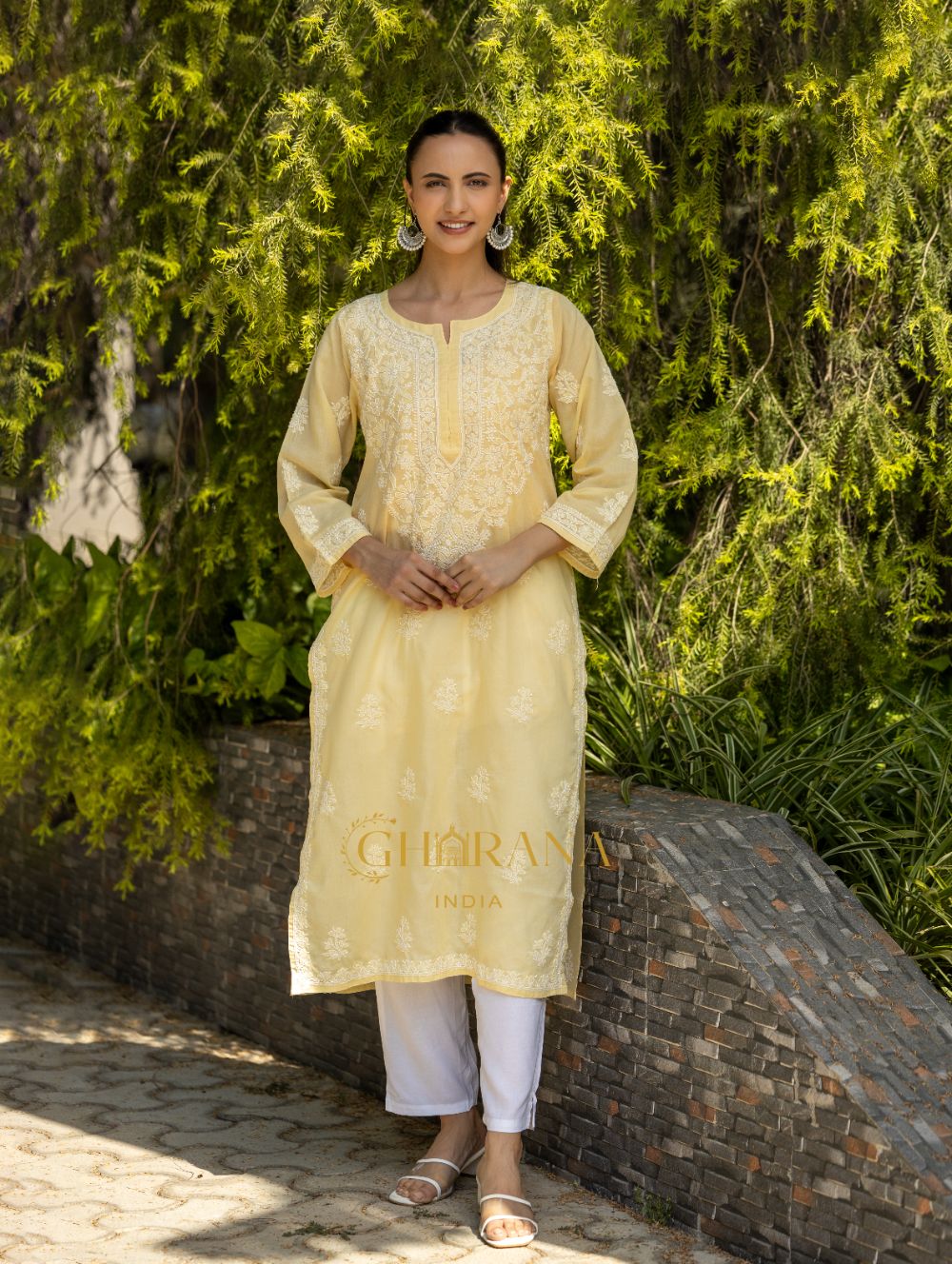 Gharana India Sahiba Chikankari Pastel Yellow Cotton Kurta With Bakhiya Work | Grocsy
