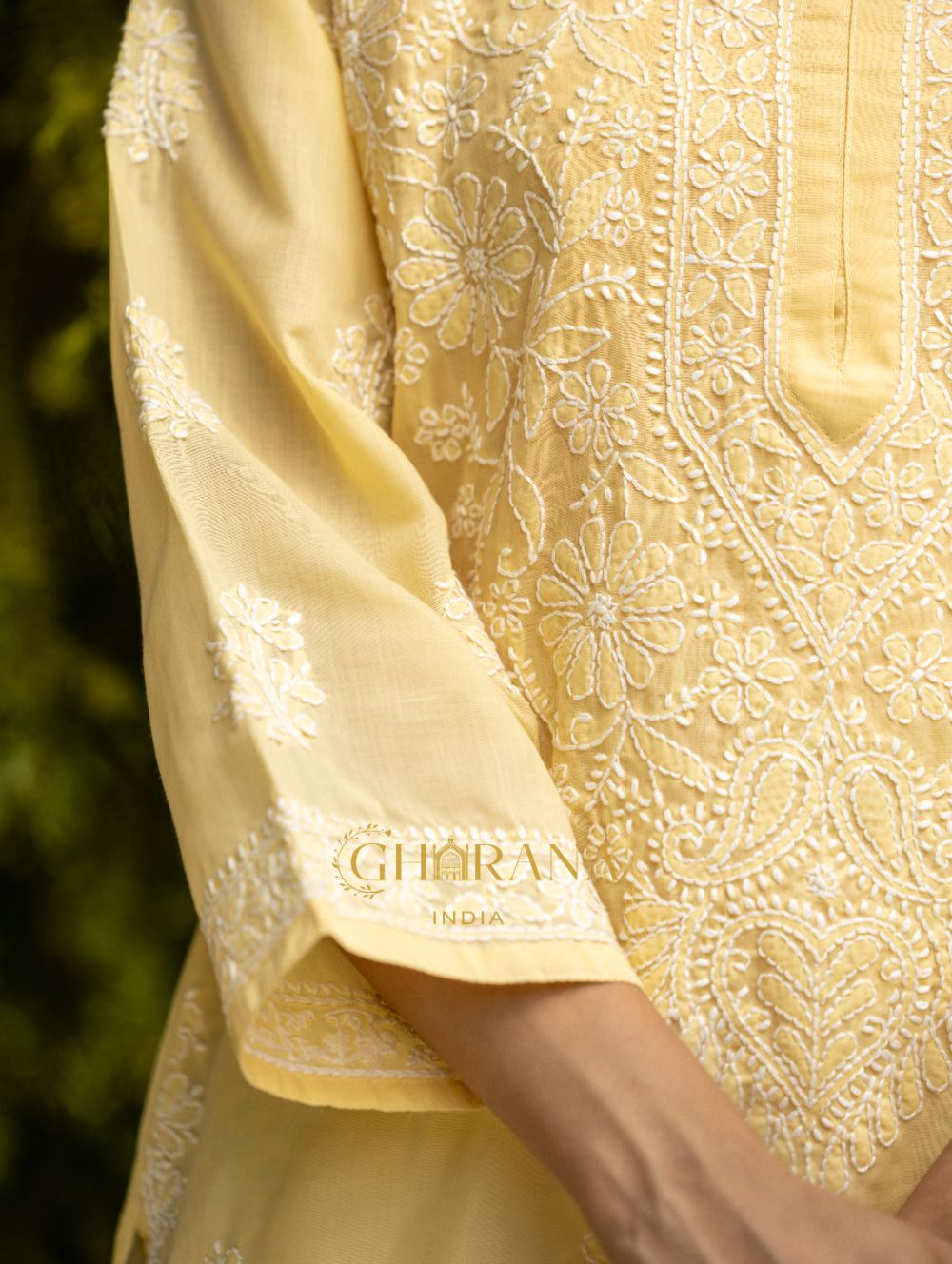 Gharana India Sahiba Chikankari Pastel Yellow Cotton Kurta With Bakhiya Work | Grocsy