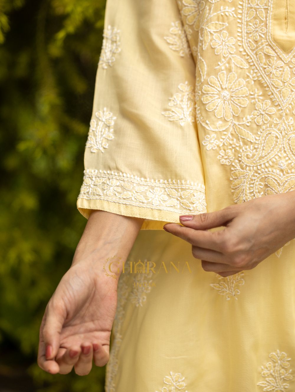 Gharana India Sahiba Chikankari Pastel Yellow Cotton Kurta With Bakhiya Work | Grocsy