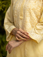 Gharana India Sahiba Chikankari Pastel Yellow Cotton Kurta With Bakhiya Work | Grocsy