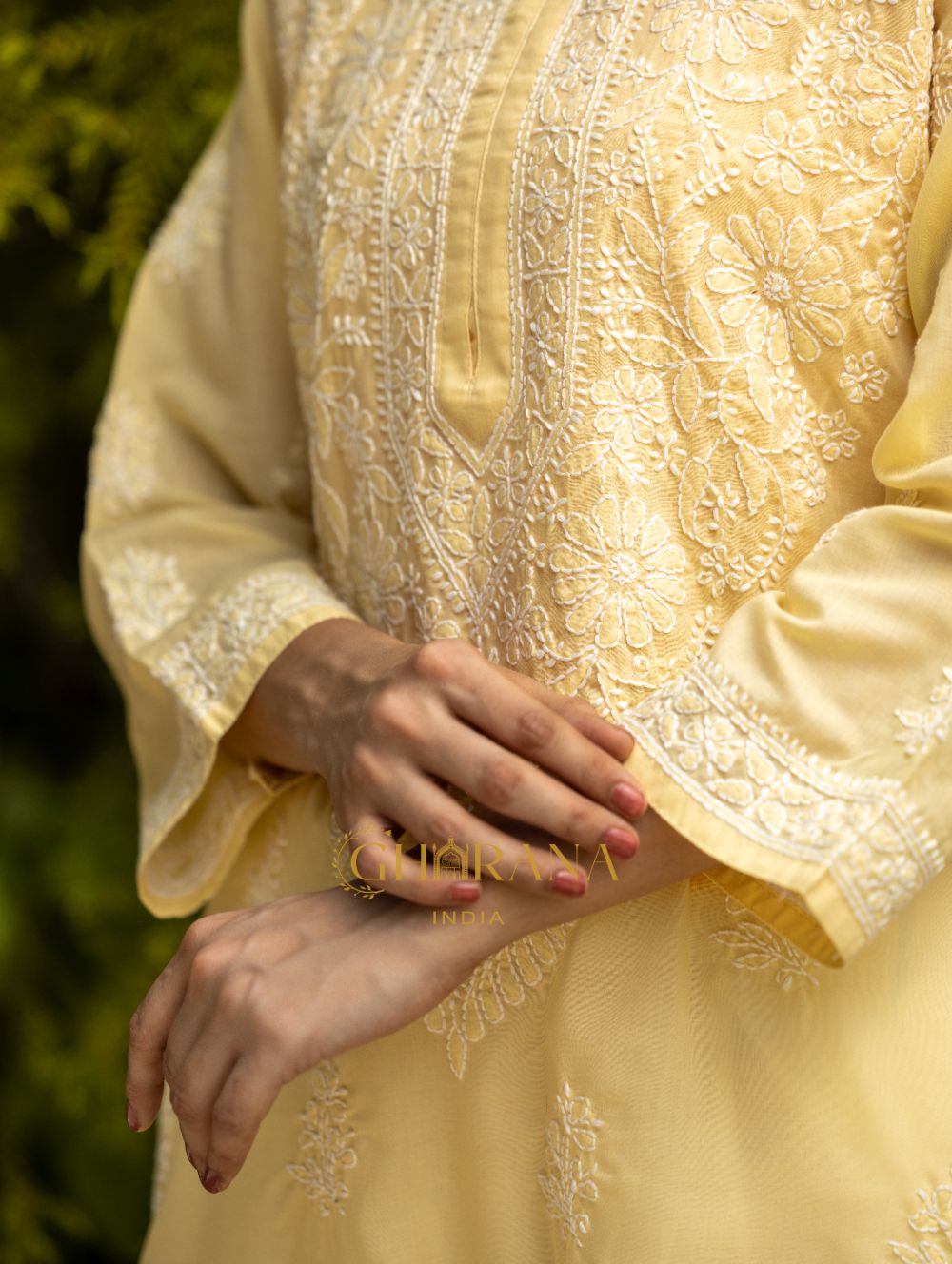 Gharana India Sahiba Chikankari Pastel Yellow Cotton Kurta With Bakhiya Work | Grocsy