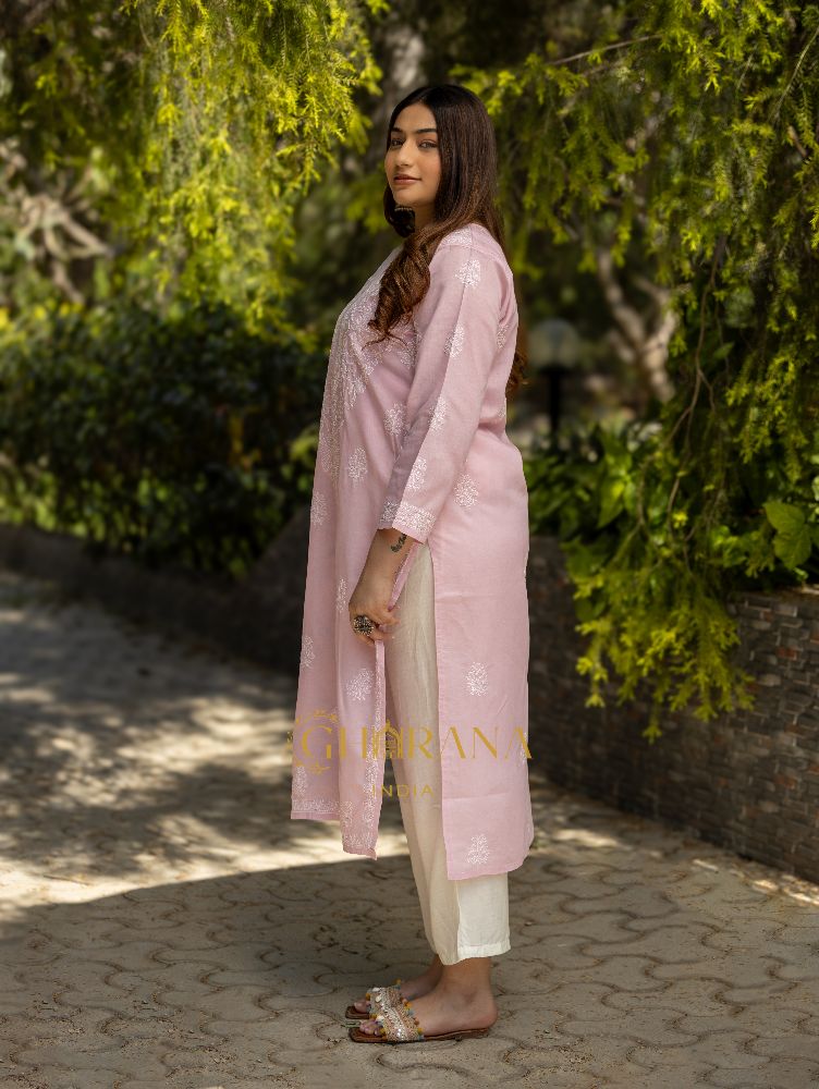 Gharana India Sahiba Chikankari Light Pink Cotton Kurta With Bakhiya Work | Grocsy