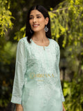 Gharana India Sahiba Chikankari Pastel Green Cotton Kurta With Bakhiya Work | Grocsy
