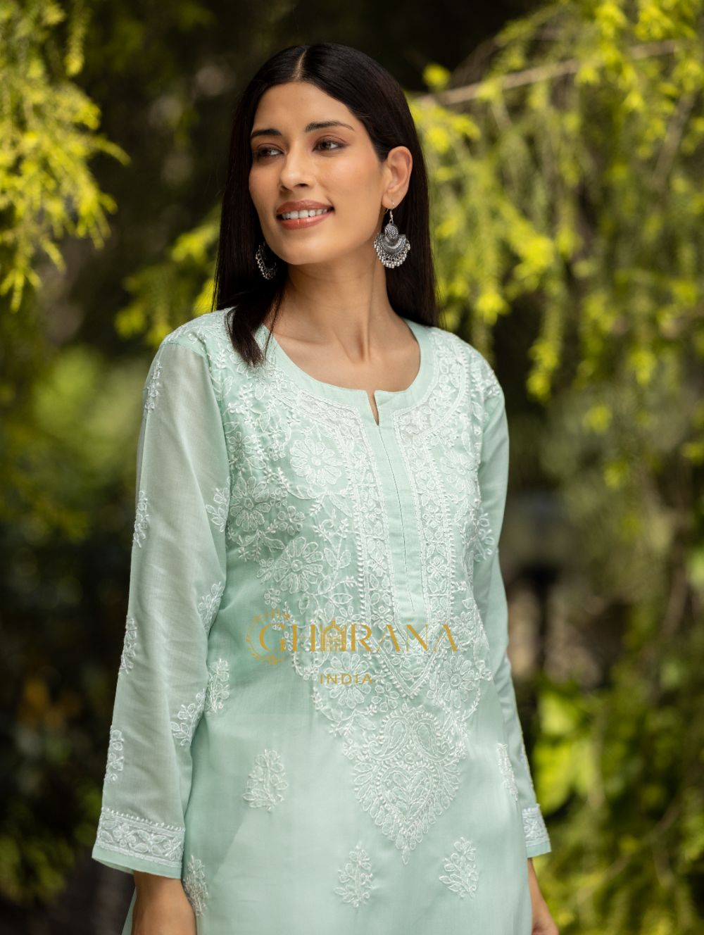 Gharana India Sahiba Chikankari Pastel Green Cotton Kurta With Bakhiya Work | Grocsy