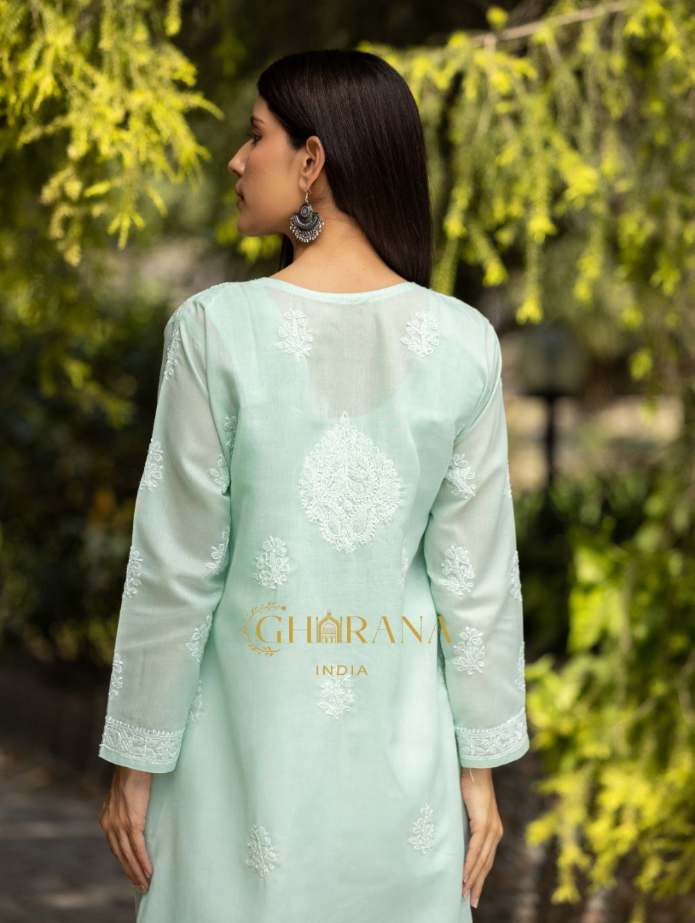 Gharana India Sahiba Chikankari Pastel Green Cotton Kurta With Bakhiya Work | Grocsy