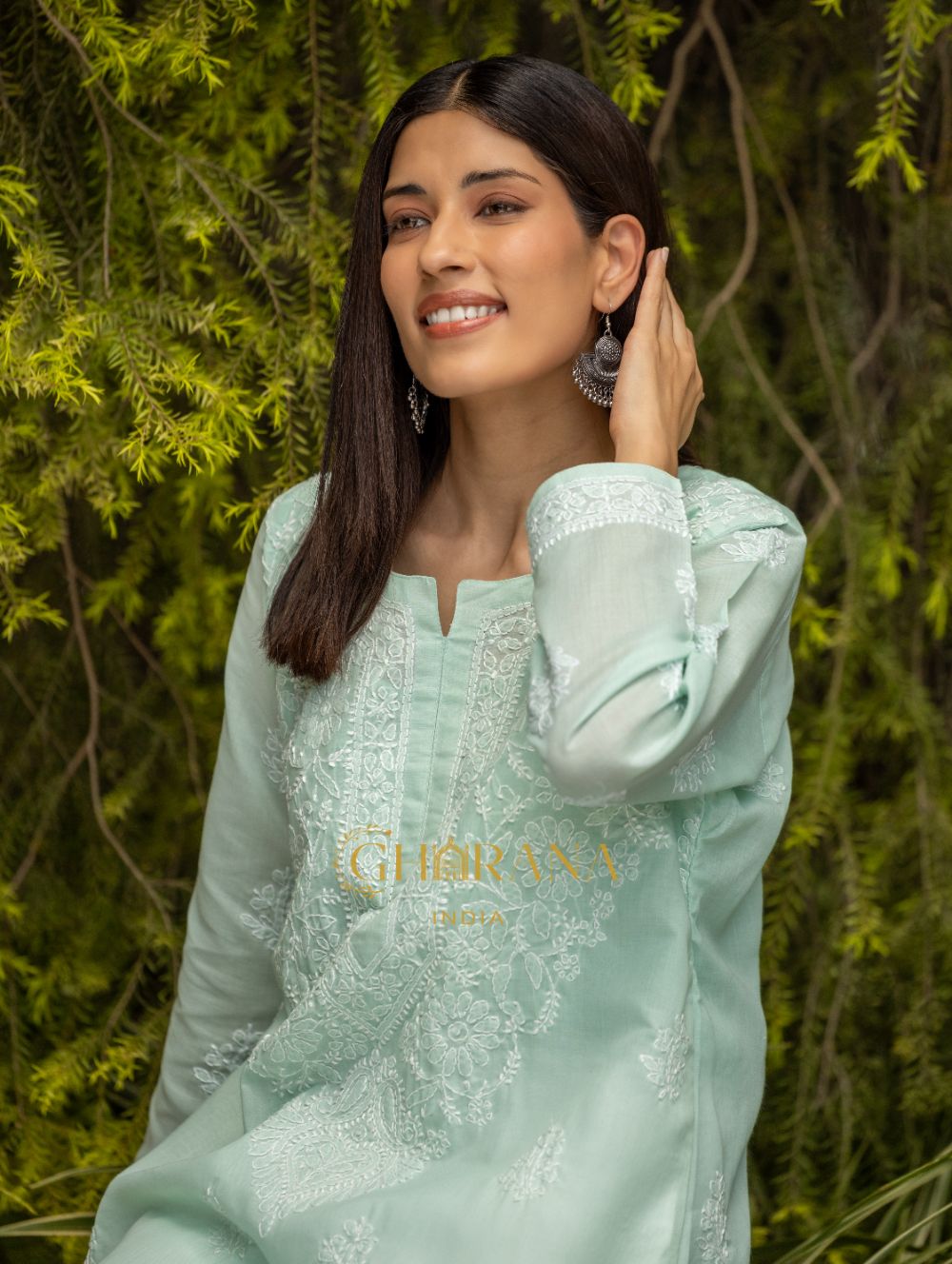 Gharana India Sahiba Chikankari Pastel Green Cotton Kurta With Bakhiya Work | Grocsy