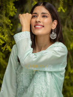 Gharana India Sahiba Chikankari Pastel Green Cotton Kurta With Bakhiya Work | Grocsy