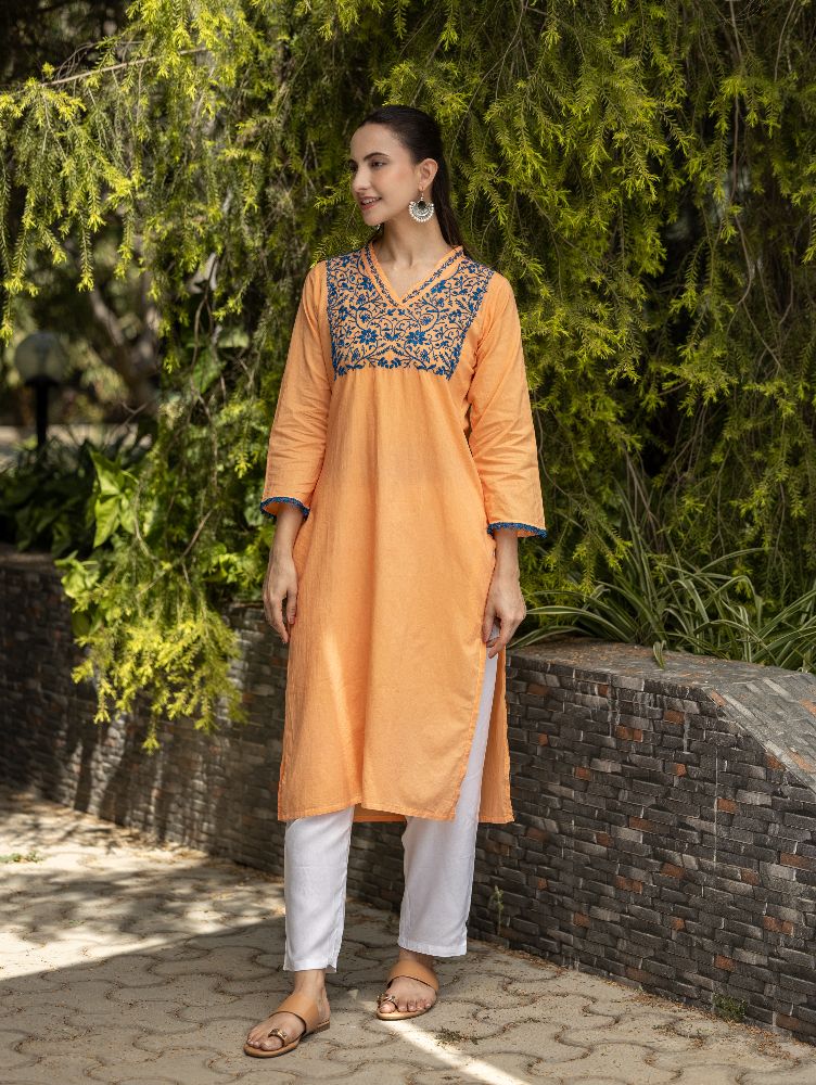 Gharana India Mul Cotton Blush Orange Kurta With Fine Chikankari In Blue Thread | Grocsy
