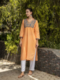 Gharana India Mul Cotton Blush Orange Kurta With Fine Chikankari In Blue Thread | Grocsy