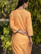 Gharana India Mul Cotton Blush Orange Kurta With Fine Chikankari In Blue Thread | Grocsy