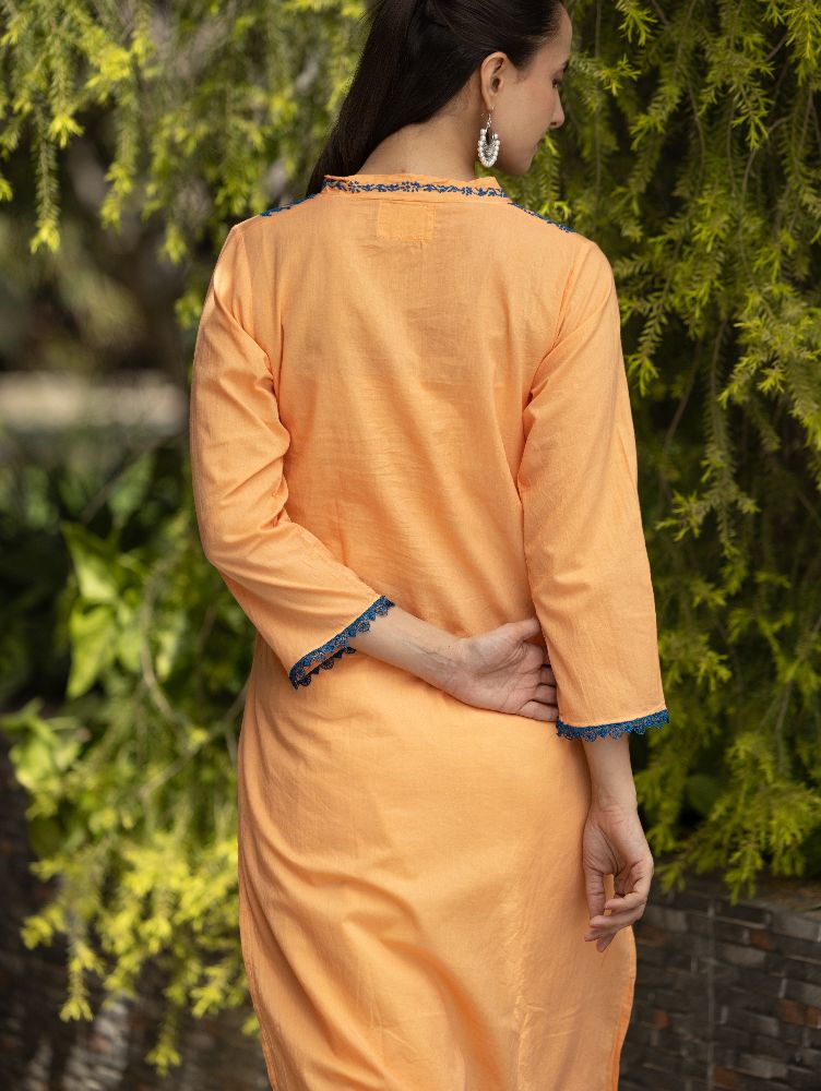 Gharana India Mul Cotton Blush Orange Kurta With Fine Chikankari In Blue Thread | Grocsy