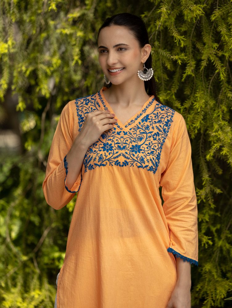 Gharana India Mul Cotton Blush Orange Kurta With Fine Chikankari In Blue Thread | Grocsy
