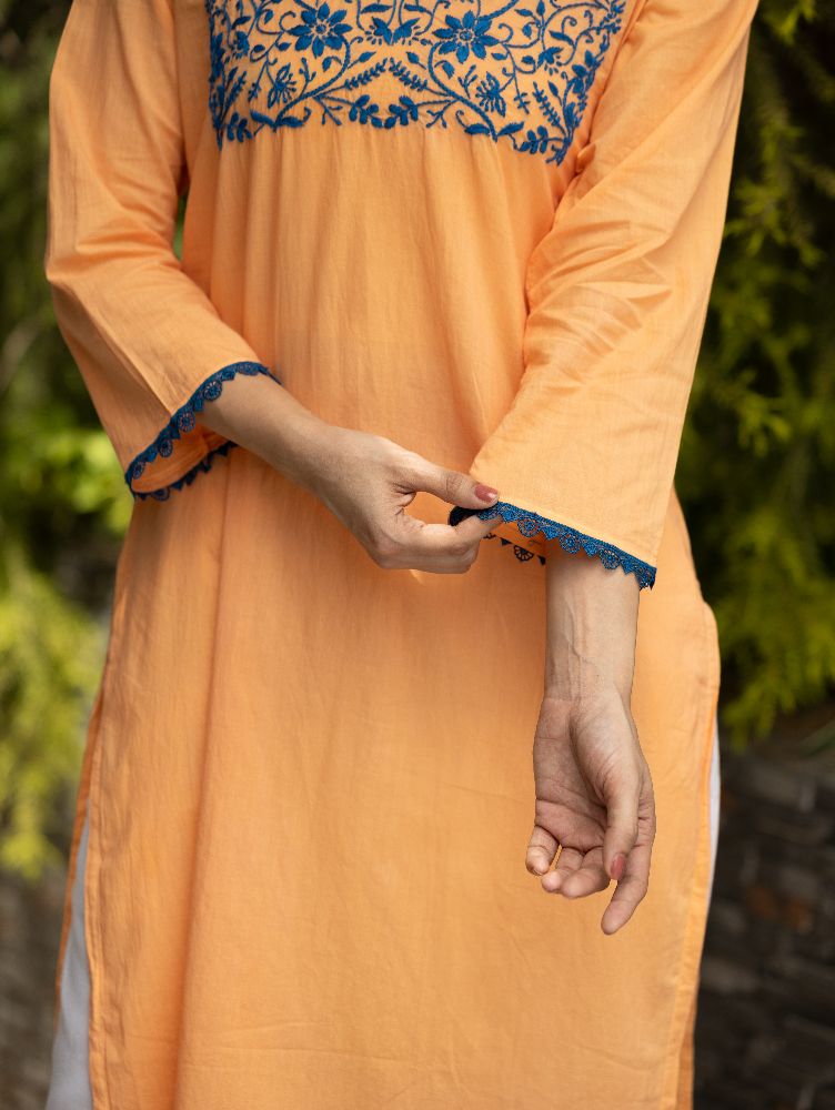 Gharana India Mul Cotton Blush Orange Kurta With Fine Chikankari In Blue Thread | Grocsy