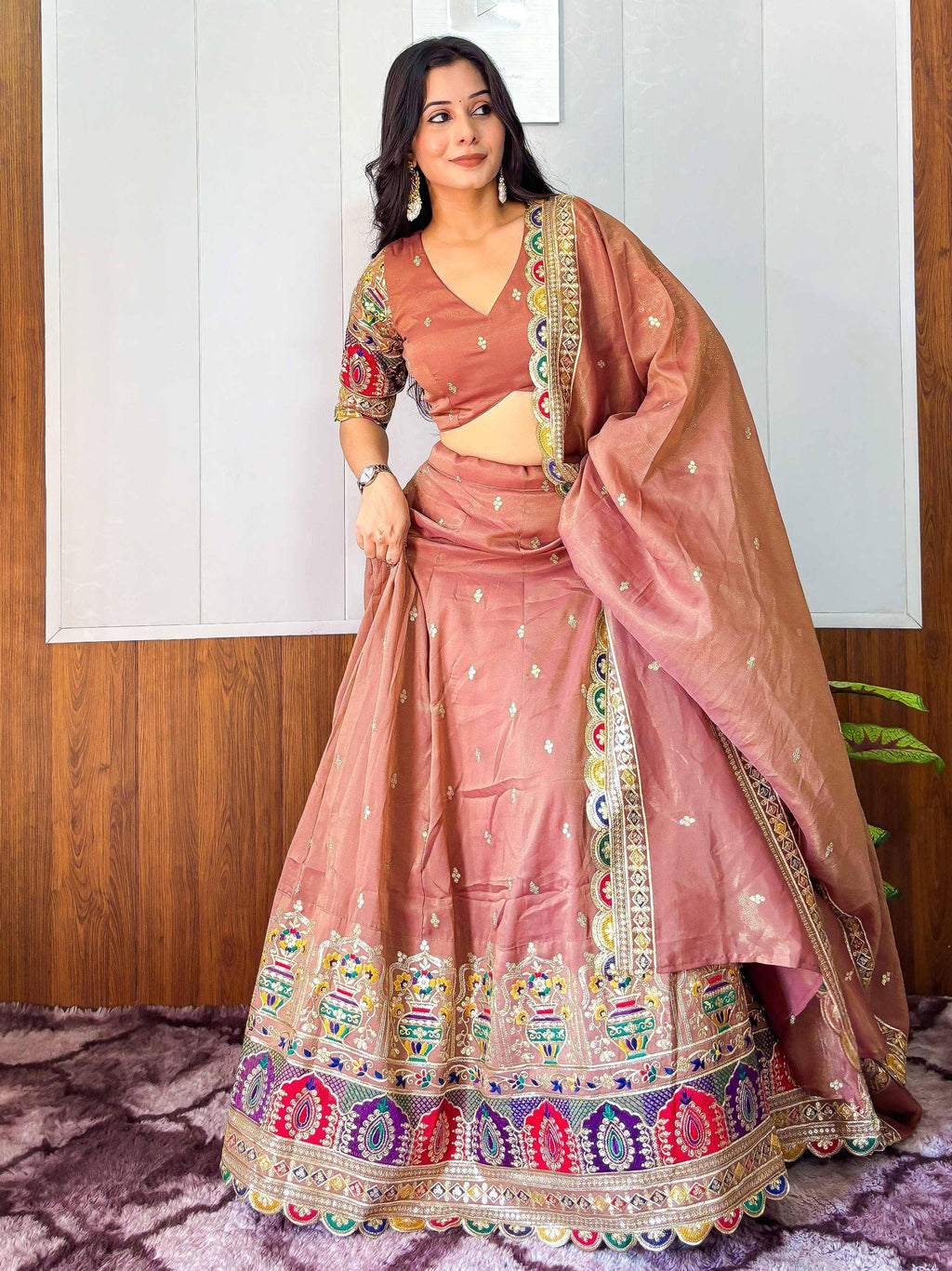 Tulsi Art Elegant Rust Silk Sequins Embroidered Lehenga Choli With Dupatta | Grocsy