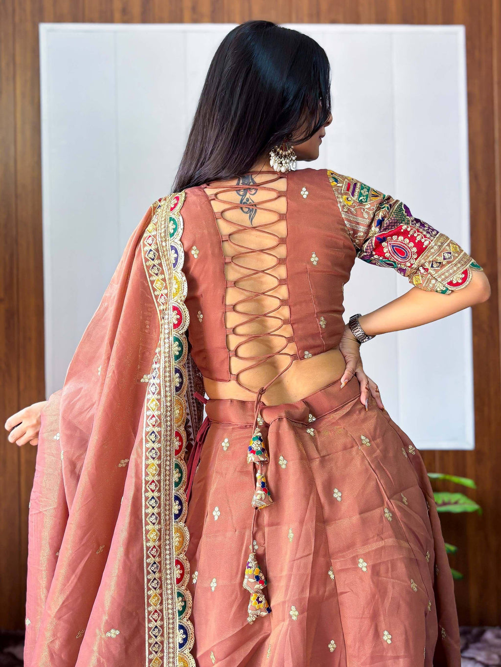Tulsi Art Elegant Rust Silk Sequins Embroidered Lehenga Choli With Dupatta | Grocsy