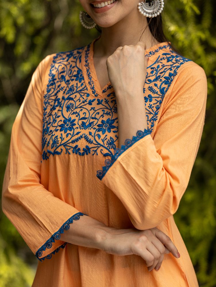 Gharana India Mul Cotton Blush Orange Kurta With Fine Chikankari In Blue Thread | Grocsy