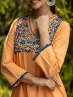Gharana India Mul Cotton Blush Orange Kurta With Fine Chikankari In Blue Thread | Grocsy