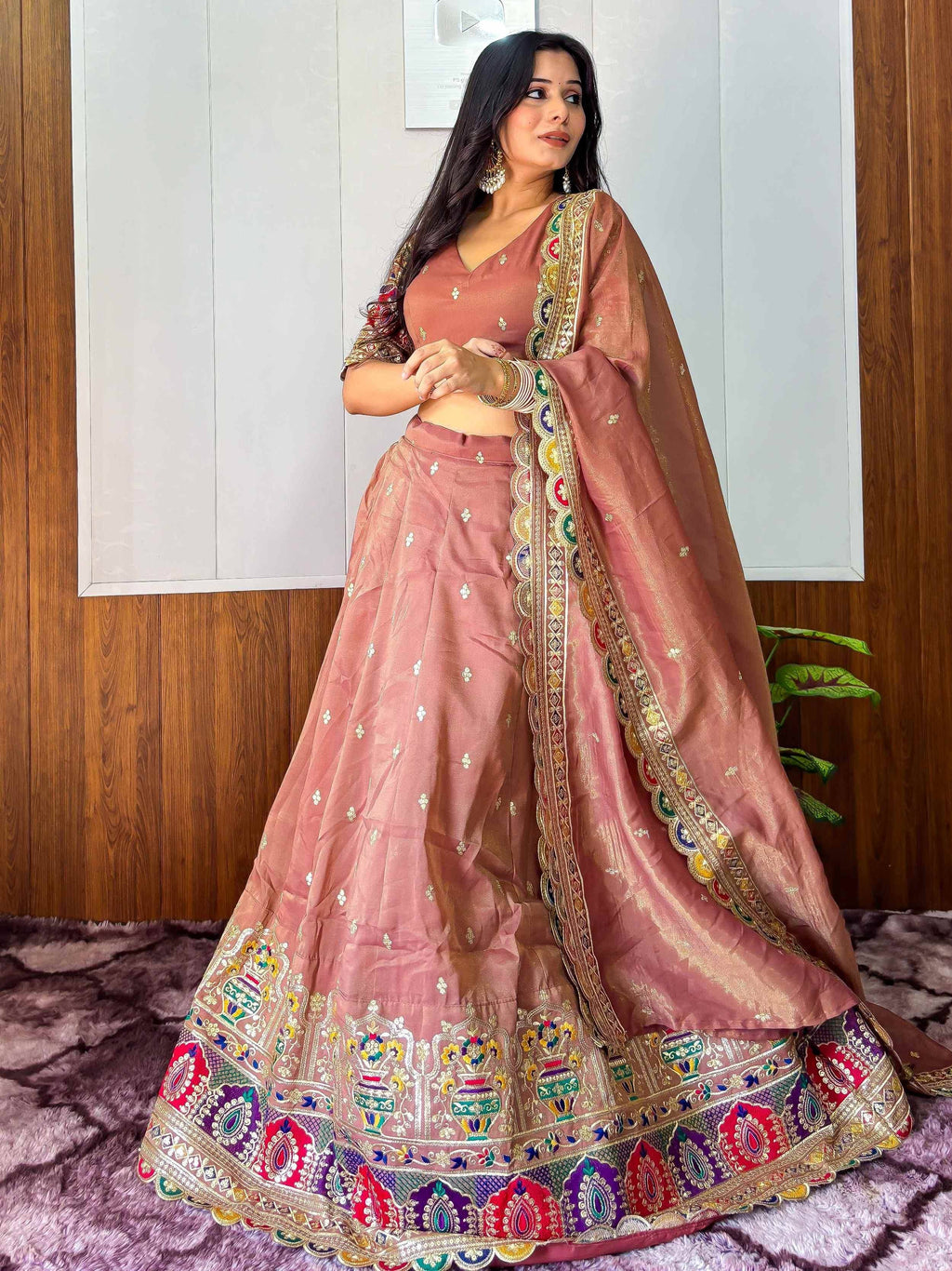 Tulsi Art Elegant Rust Silk Sequins Embroidered Lehenga Choli With Dupatta | Grocsy