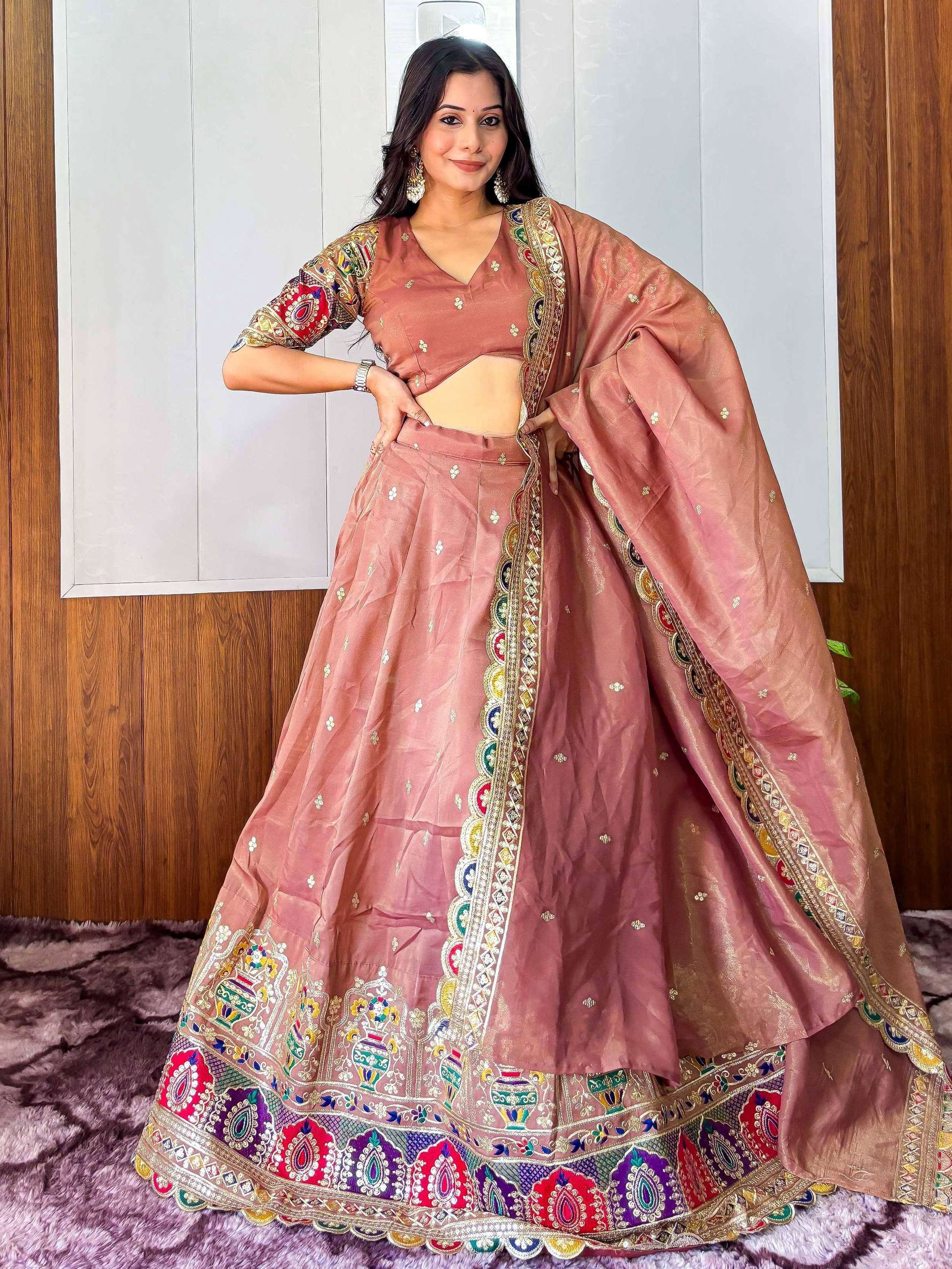Tulsi Art Elegant Rust Silk Sequins Embroidered Lehenga Choli With Dupatta | Grocsy