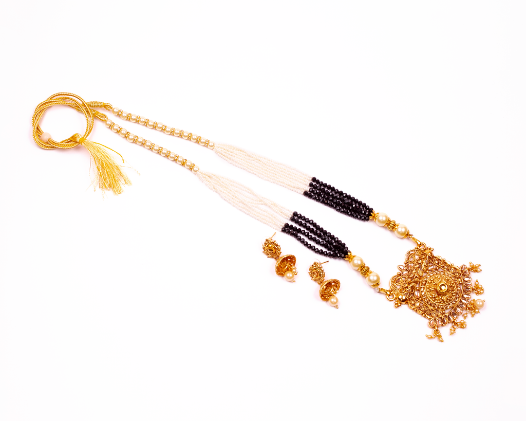 Gold-Polished Alloy Pearl And Beads Mala Pendant Set - The Pari | Grocsy