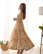 Lorenvalley Fashion Yellow Pure Faux Georgette Zigzag Print Fully Flair Anarkali Pant With Dupatta - Yellow | Grocsy