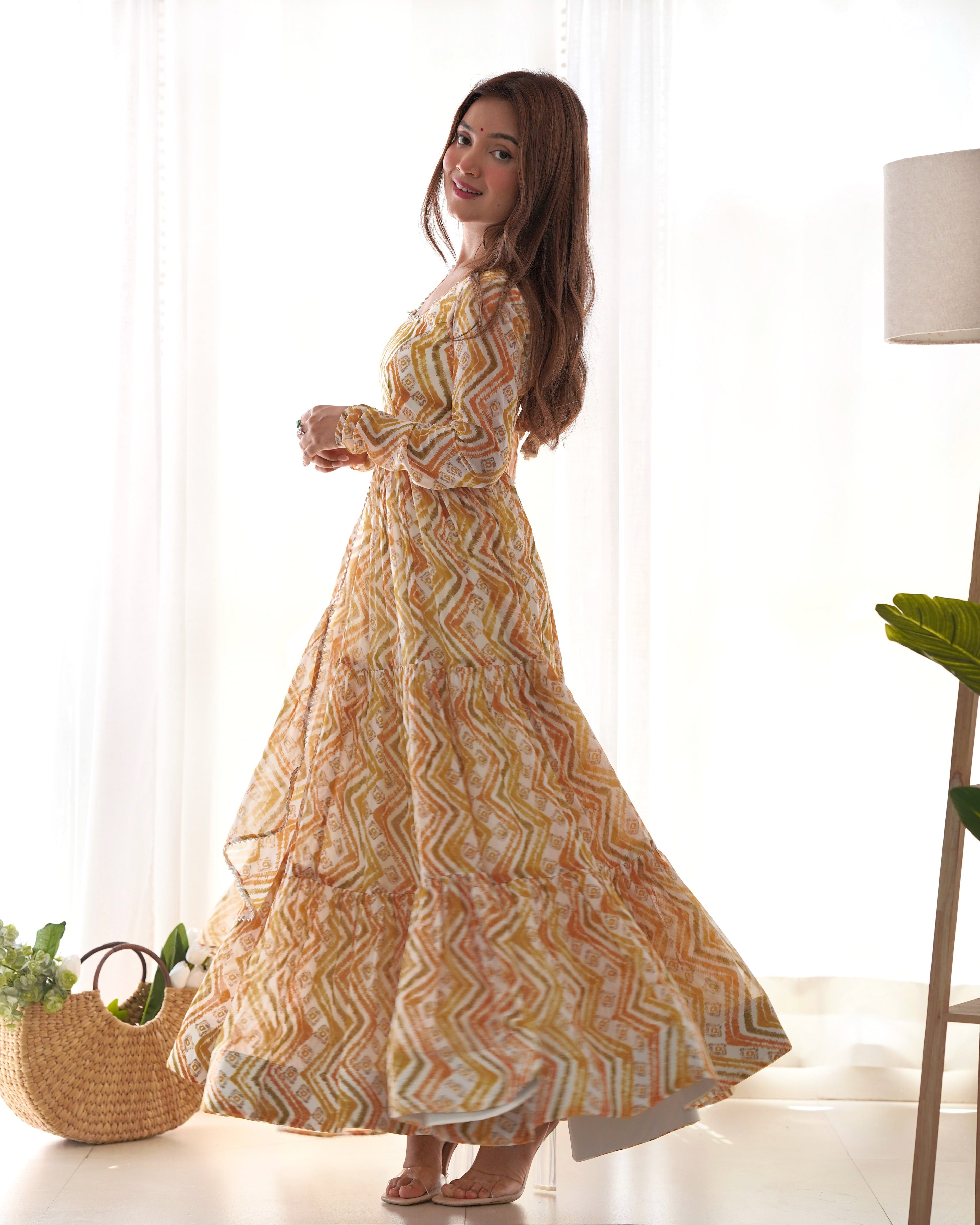 Lorenvalley Fashion Yellow Pure Faux Georgette Zigzag Print Fully Flair Anarkali Pant With Dupatta - Yellow | Grocsy