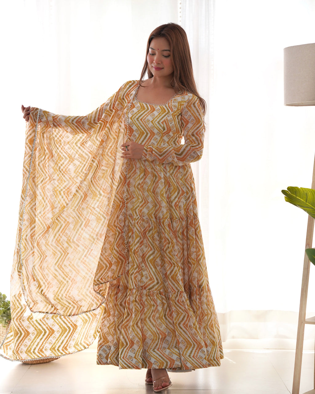 Lorenvalley Fashion Yellow Pure Faux Georgette Zigzag Print Fully Flair Anarkali Pant With Dupatta - Yellow | Grocsy