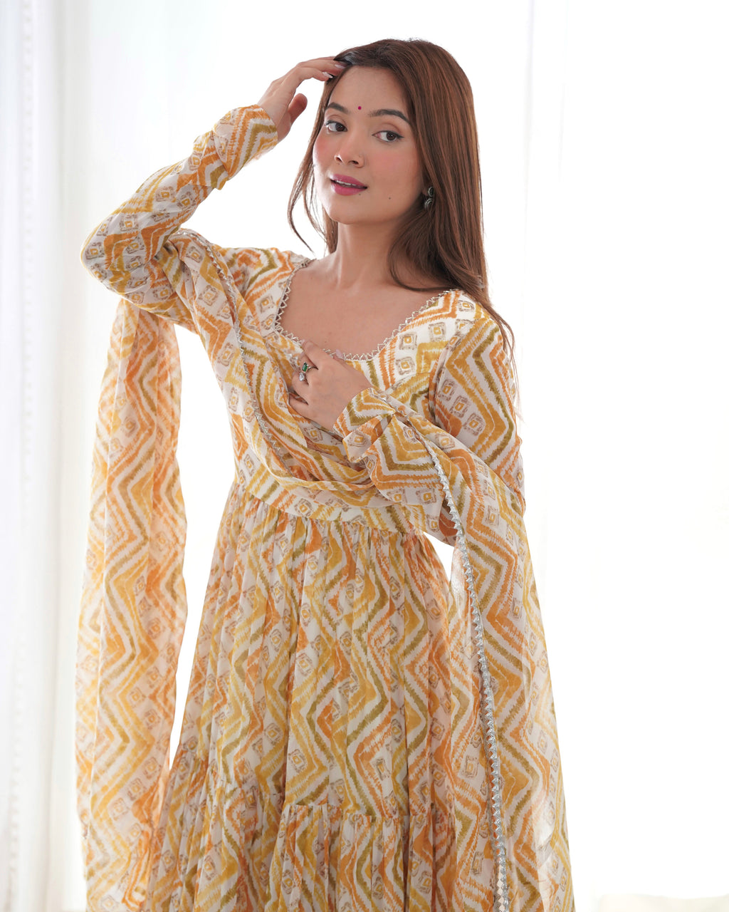 Lorenvalley Fashion Yellow Pure Faux Georgette Zigzag Print Fully Flair Anarkali Pant With Dupatta - Yellow | Grocsy