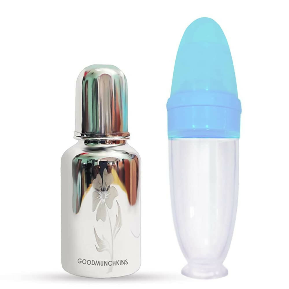 Goodmunchkins Stainless Steel Feeding Bottle With Spoon Food Feeder for Baby Anti Colic Silicon Nipple Feeder 220 ml Combo Pack-Blue | Grocsy