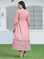 Juniper Peach Geometric Printed Pure Cotton Maxi Dress With Lace Work | Grocsy