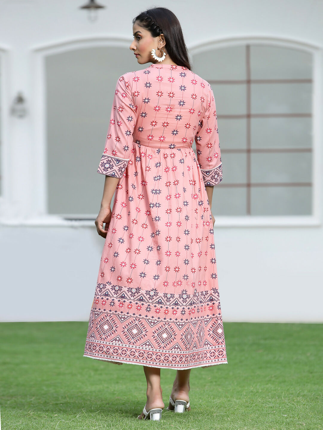Juniper Peach Geometric Printed Pure Cotton Maxi Dress With Lace Work | Grocsy