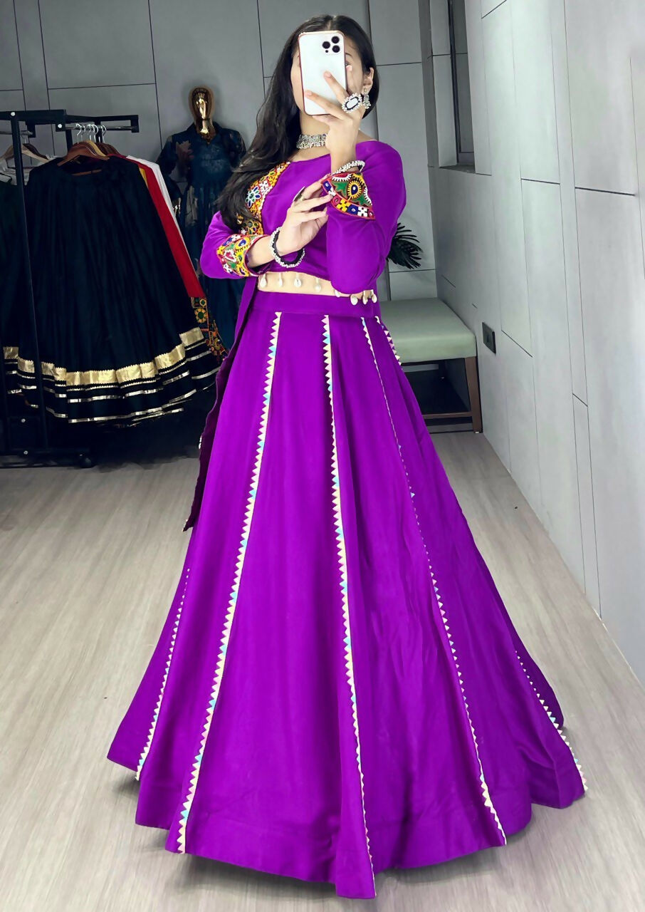 Yash Enterprise Purple Rayon Cotton Embroidery Semi Stitched Navratri Top Chaniya Choli | Grocsy