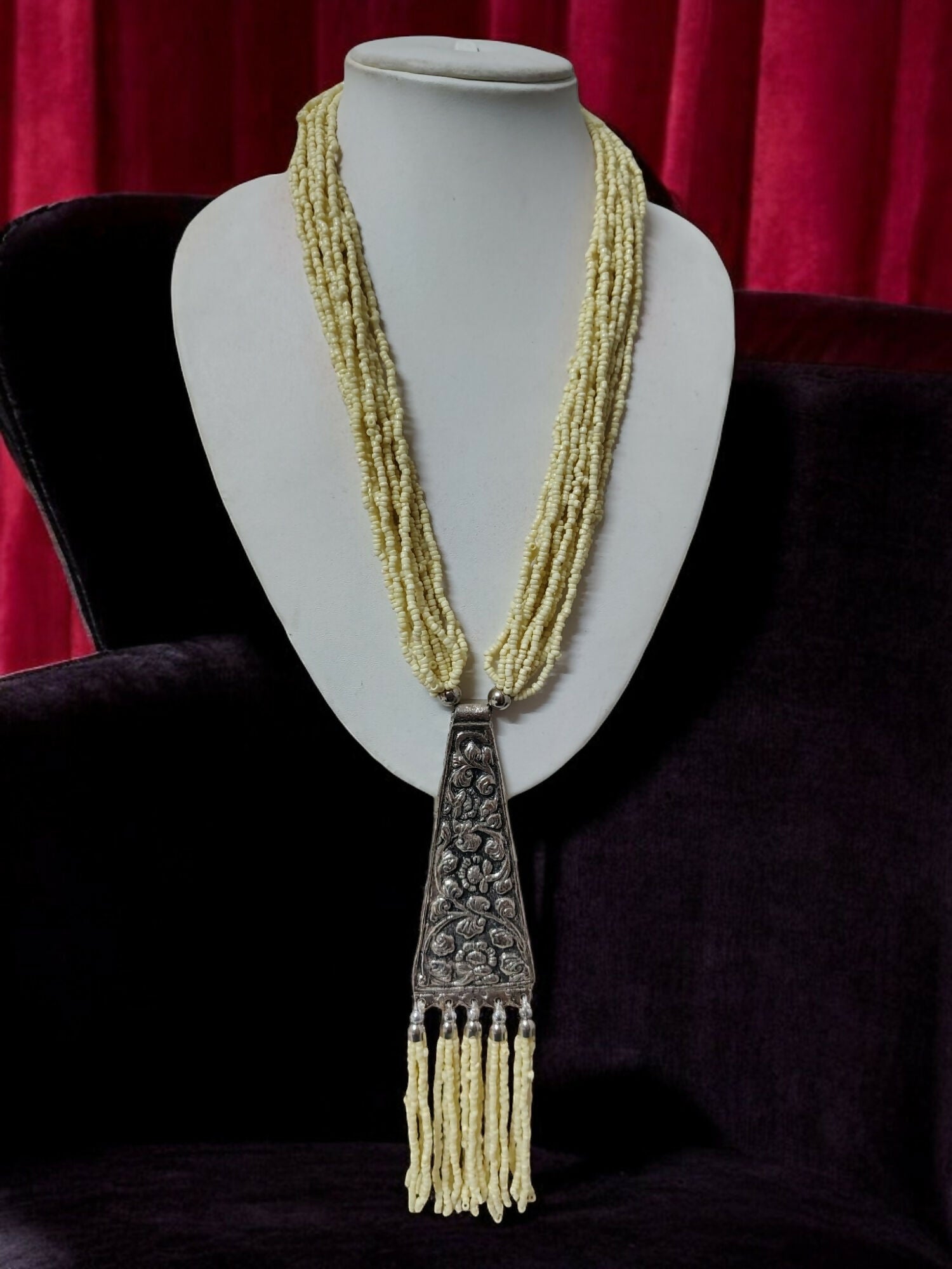 Inhanns Day-To-Dinner Tie Shaped Oxidized Black Metal Multi-Layered Long Only Necklace - Cream | Grocsy