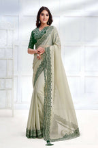 Green Net Organza Georgette Cord & Sequence Embroidered Saree - Mohmanthan Majestica | Grocsy