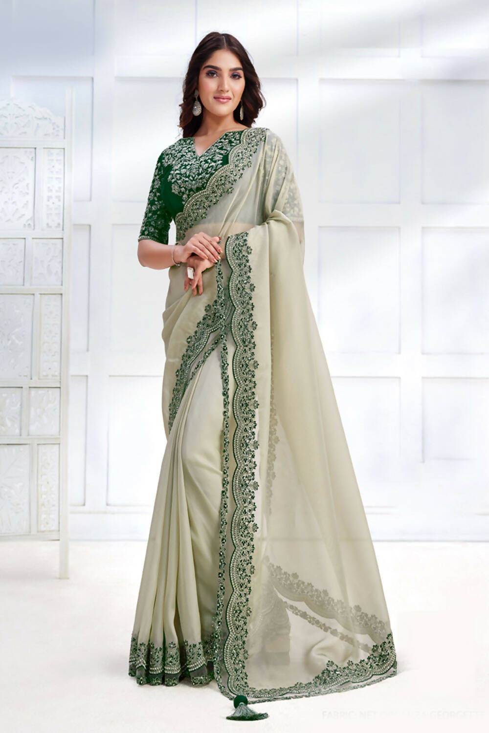 Green Net Organza Georgette Cord & Sequence Embroidered Saree - Mohmanthan Majestica | Grocsy